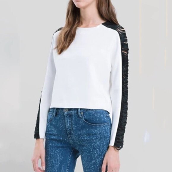 Sandro $275 White Black Fringe Sleeve Top Size 2 US S/M - Picture 1 of 14